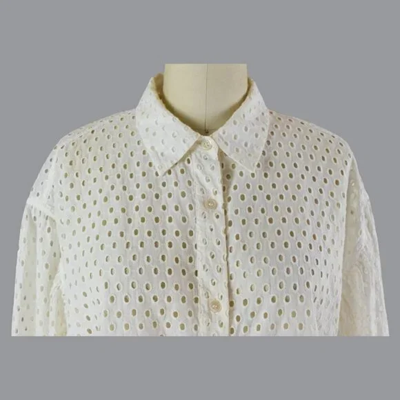 RHODE CIRCLE EYELET-EMBROIDERED BUTTON UP CREAM TOP - Picture 2 of 7